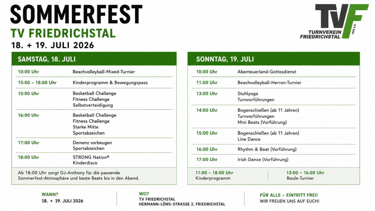 TV Friedrichstal lädt zum großen Sommerfest am 18. und 19. Juli ein